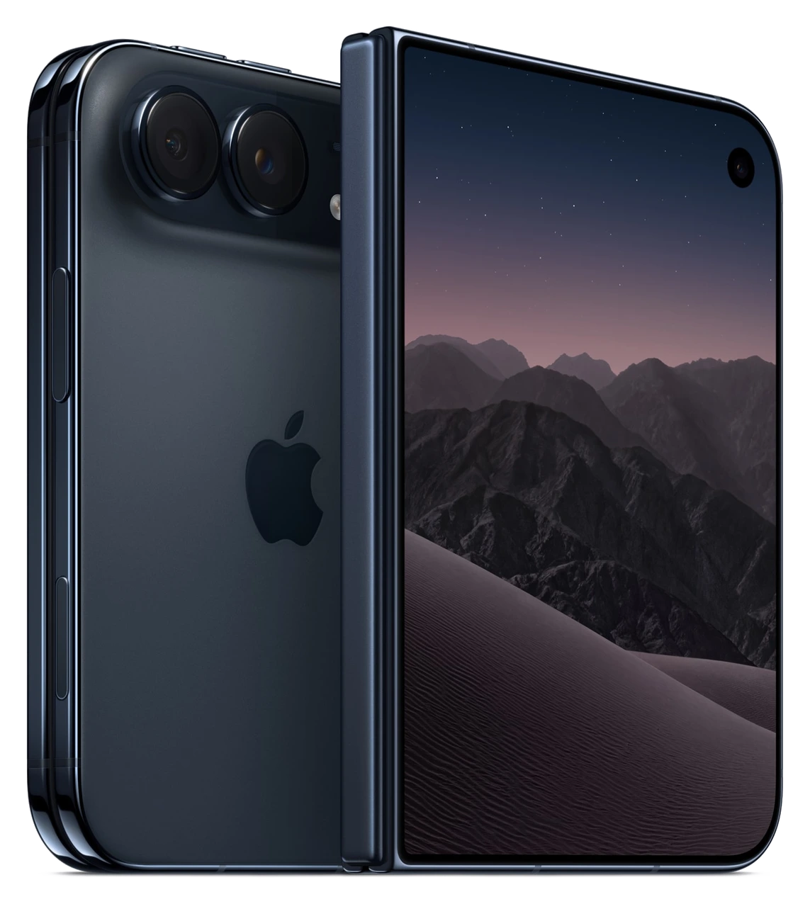 iPhone Duo в цвете Night Sky, раскрытый и со стороны задней панели